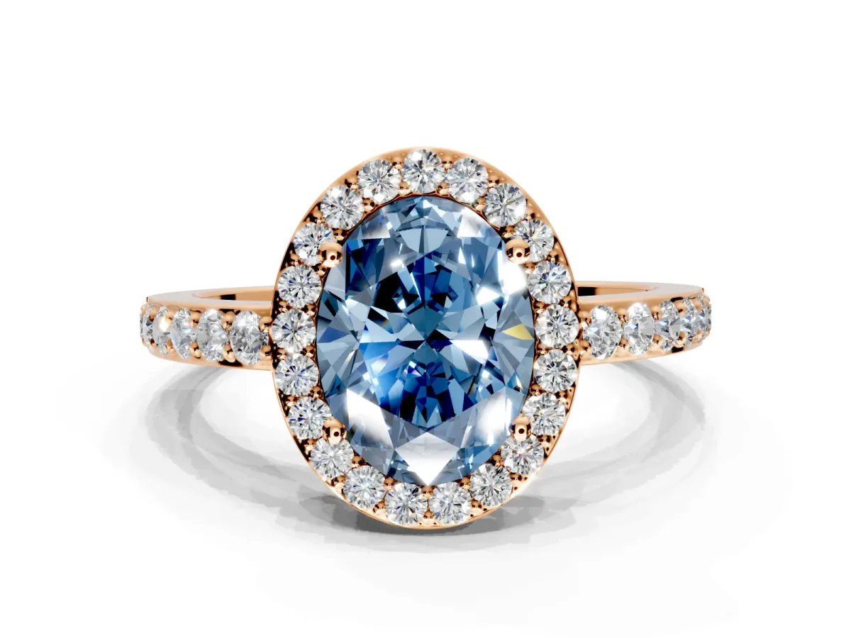 Halo Engagement Ring Setting for Fancy Blue Oval Center with Heart-Shaped Openwork, Pave Band and Prong Head in Rose Gold