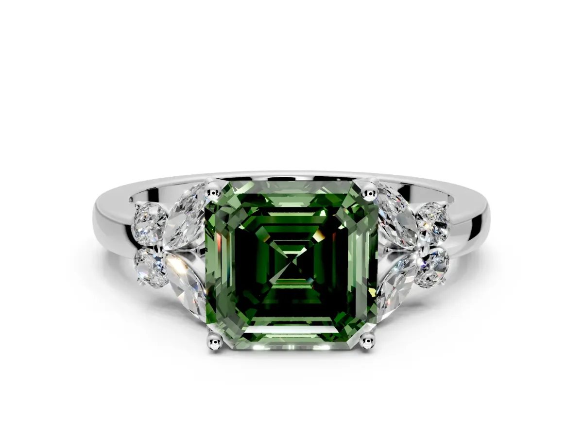Solitaire Engagement Ring Setting for Fancy Green Asscher Cut Center with Marquise Flower Shoulders and Prong Head in Sterling Silver