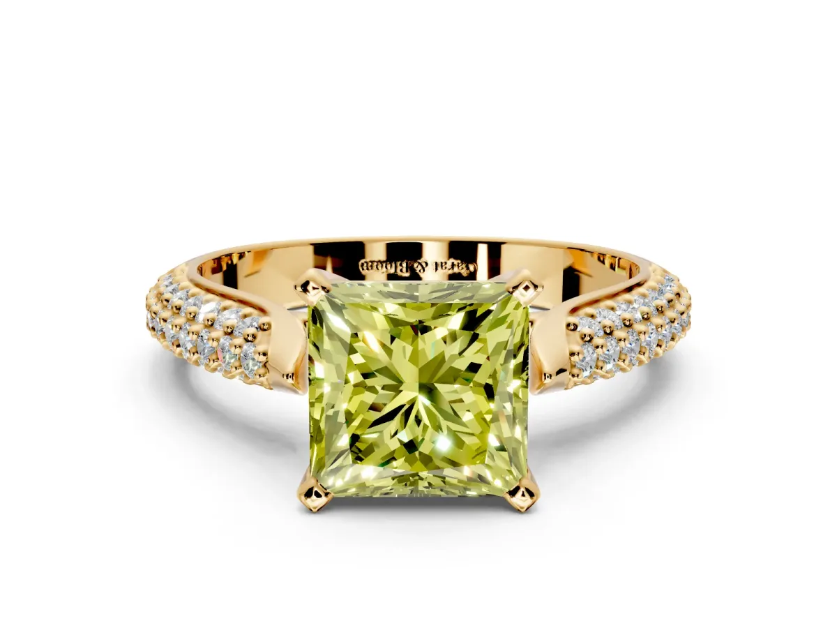 Solitaire Engagement Ring Setting for Fancy Yellow Princess Cut Center with Multi-Row Accents and Prong Head in Yellow Gold