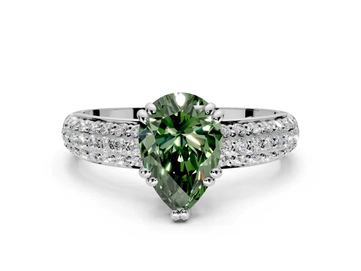 Solitaire Engagement Ring Setting for Fancy Green Pear-Shaped Center with Multi-Row Pave Accents and Basket Head in Platinum