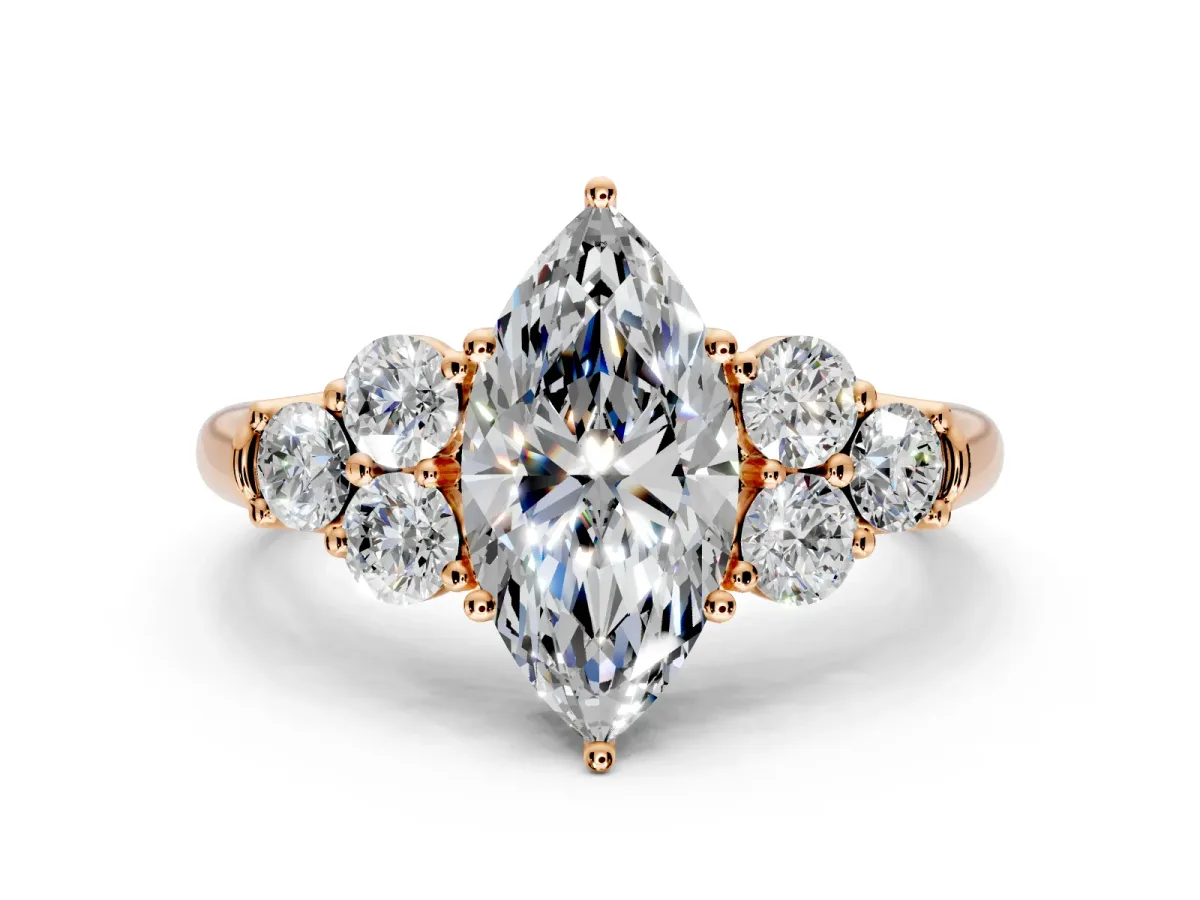 Cluster Engagement Ring Setting for Marquise Center with Round Cut Accent Frame and Prong Head in Rose Gold