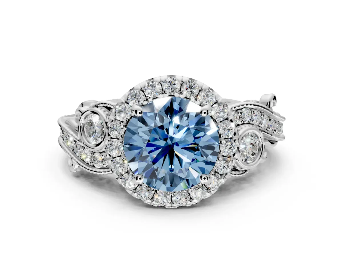 Milgrain Halo Engagement Ring Setting for Fancy Blue Round Cut Center with Shoulder Bezels and Prong Head in White Gold