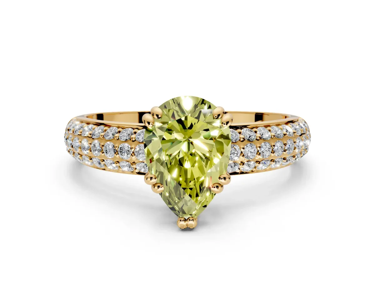Solitaire Engagement Ring Setting for Fancy Yellow Pear-Shaped Center with Multi-Row Pave Accents and Basket Head in Yellow Gold