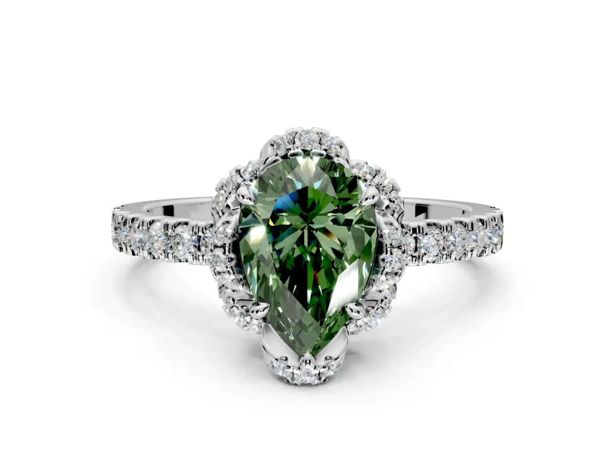 Halo Engagement Ring Setting for Fancy Green Pear-Shaped Center with Openwork Halo, Pave Band and Prong Head in Platinum