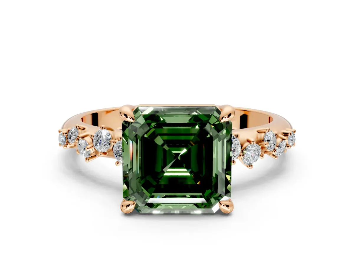 Solitaire Engagement Ring Setting for Fancy Green Asscher Cut Center with Trailing Leaf Accent Band and Prong Head in Rose Gold