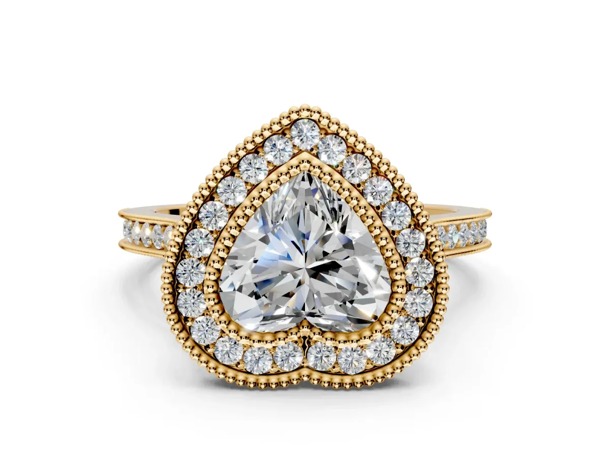 Halo Engagement Ring Setting for Heart-Shaped Center with Milgrain Frame, Pave Band and Prong Head in Yellow Gold