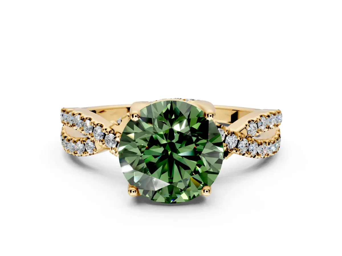 Solitaire Engagement Ring Setting for Fancy Green Round Cut Center with Narrow Twist Pave Band and Prong Head in Yellow Gold