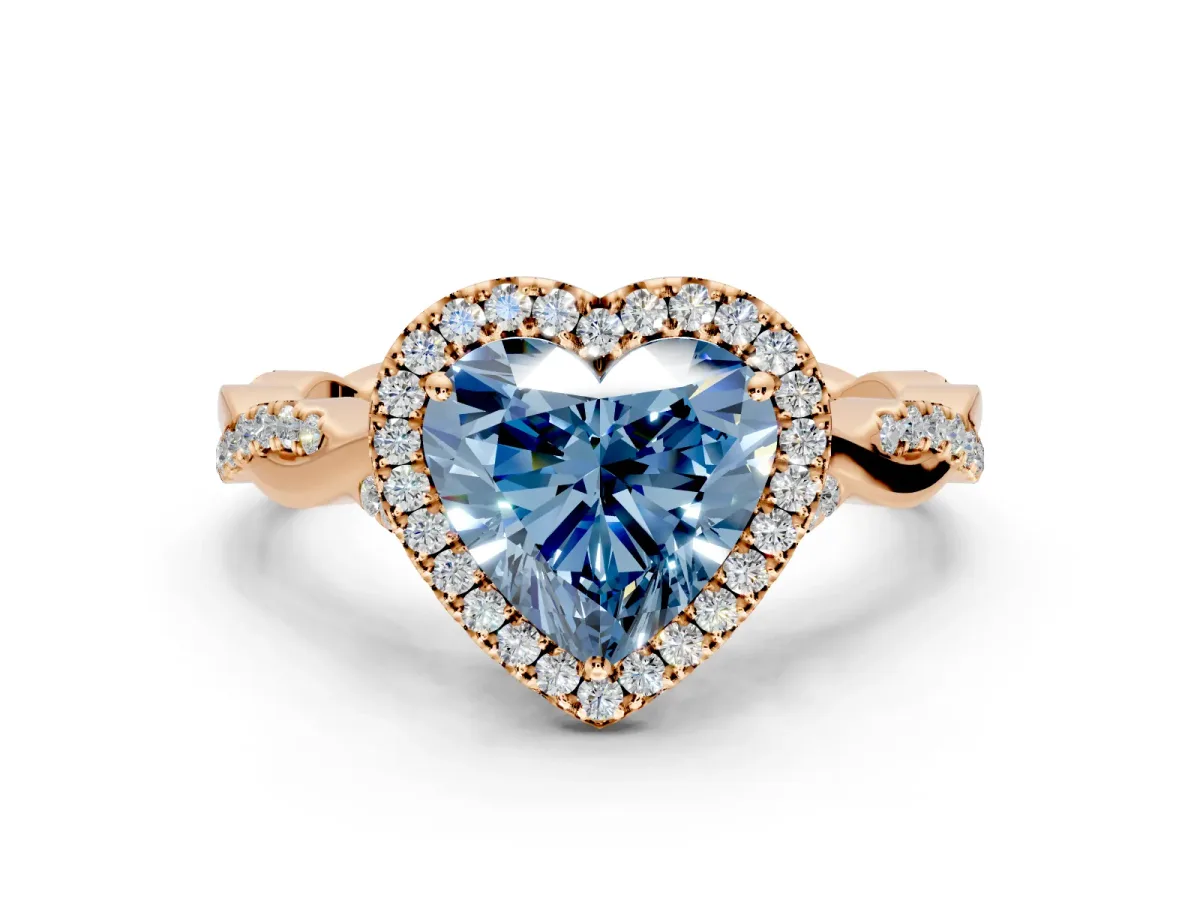 Halo Engagement Ring Setting for Fancy Blue Heart-Shaped Center with Twist Band and Prong Head in Rose Gold