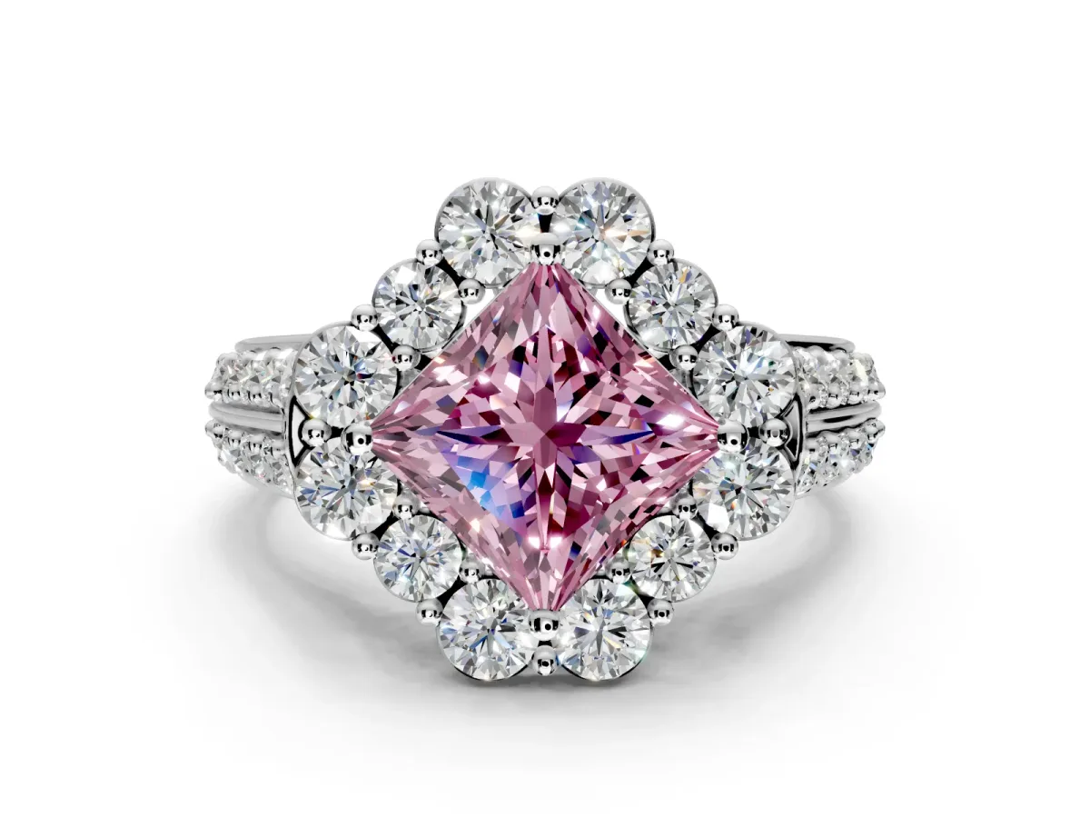 Large Accent Halo Engagement Ring Setting for Fancy Pink Princess Cut Center with Pave Split Shank and Prong Head in Sterling Silver