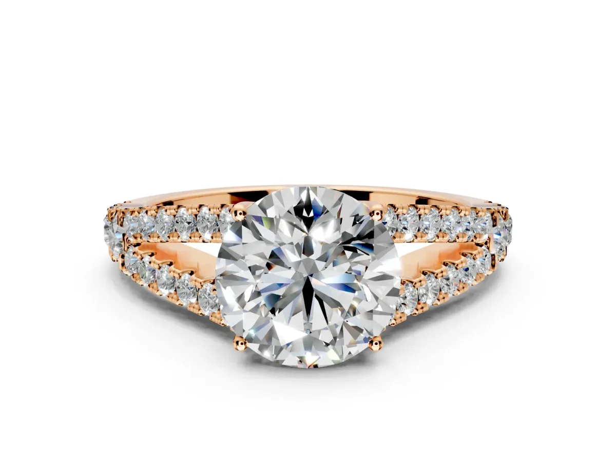 Solitaire Engagement Ring Setting for Round Cut Center with Pave Split Shank and Prong Head in Rose Gold