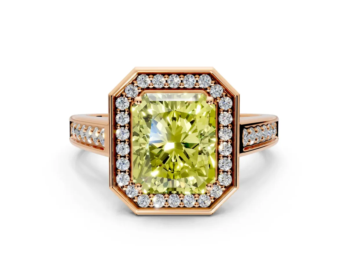 Halo Engagement Ring Setting for Fancy Yellow Emerald Cut Center with Outer Bezel Rim, Pave Band and Prong Head in Rose Gold