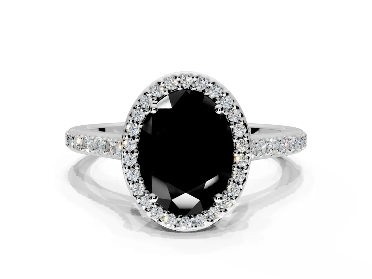 Halo Engagement Ring Setting for Fancy Black Oval Center with Pave Accents, Heart Basket and Prong Head in White Gold