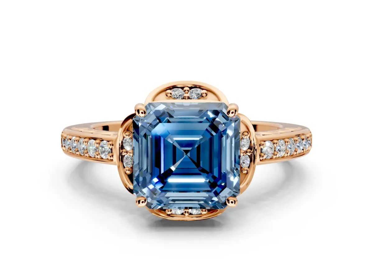 Floral Engagement Ring Setting for Fancy Blue Asscher Cut Center with Four Accent Clusters and Prong Head in Rose Gold