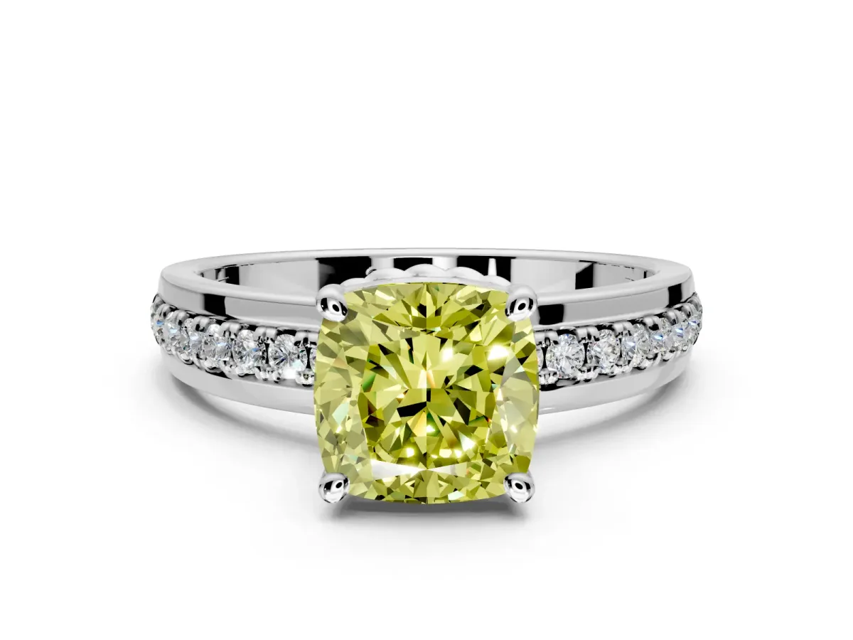 Solitaire Engagement Ring Setting for Fancy Yellow Cushion Cut Center with Raised Channel Band and Prong Head in White Gold