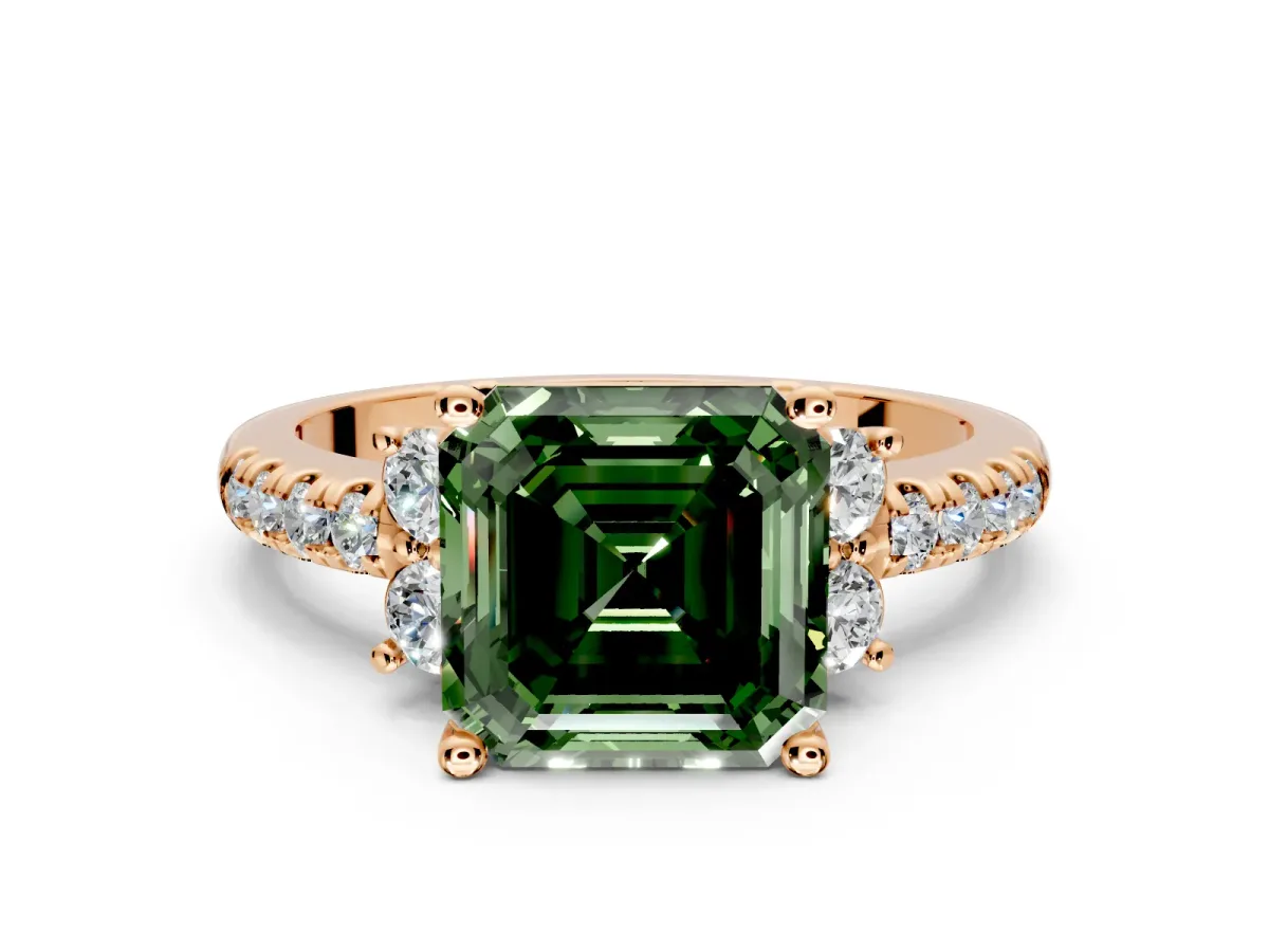 Paired Accent Engagement Ring Setting for Fancy Green Asscher Cut Center with Pave Band and Prong Head in Rose Gold