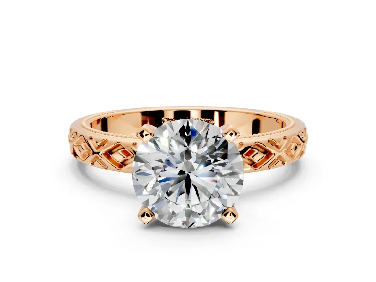Solitaire Engagement Ring Setting for Round Cut Center with Milgrain X Pattern Band and Prong Head in Rose Gold