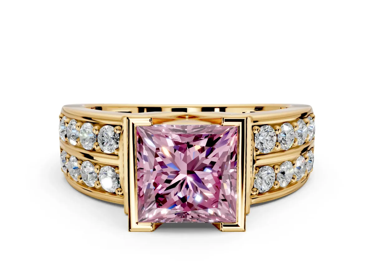 Bezel Engagement Ring Setting for Fancy Pink Princess Cut Center with Wide Channel-Set Band and Bezel Head in Yellow Gold