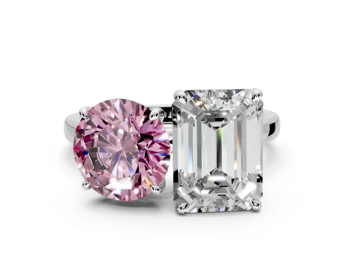 Fancy Pink Round Cut and Emerald Cut Lab-Grown Diamond Toi et Moi Engagement Ring with Prong-Set Stones in Sterling Silver