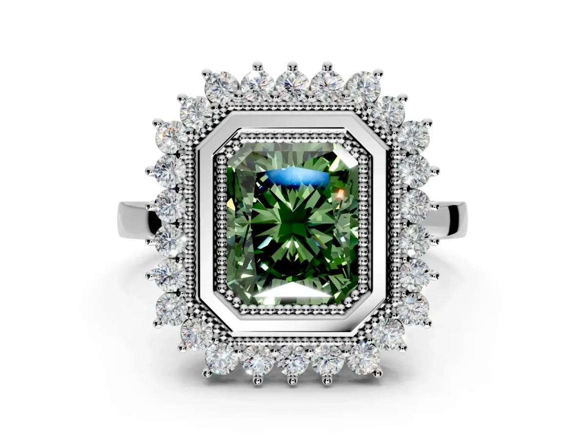 Halo Engagement Ring Setting for Fancy Green Radiant Cut Center with Milgrain Bezel Rim, Plain Band and Prong Head in Platinum