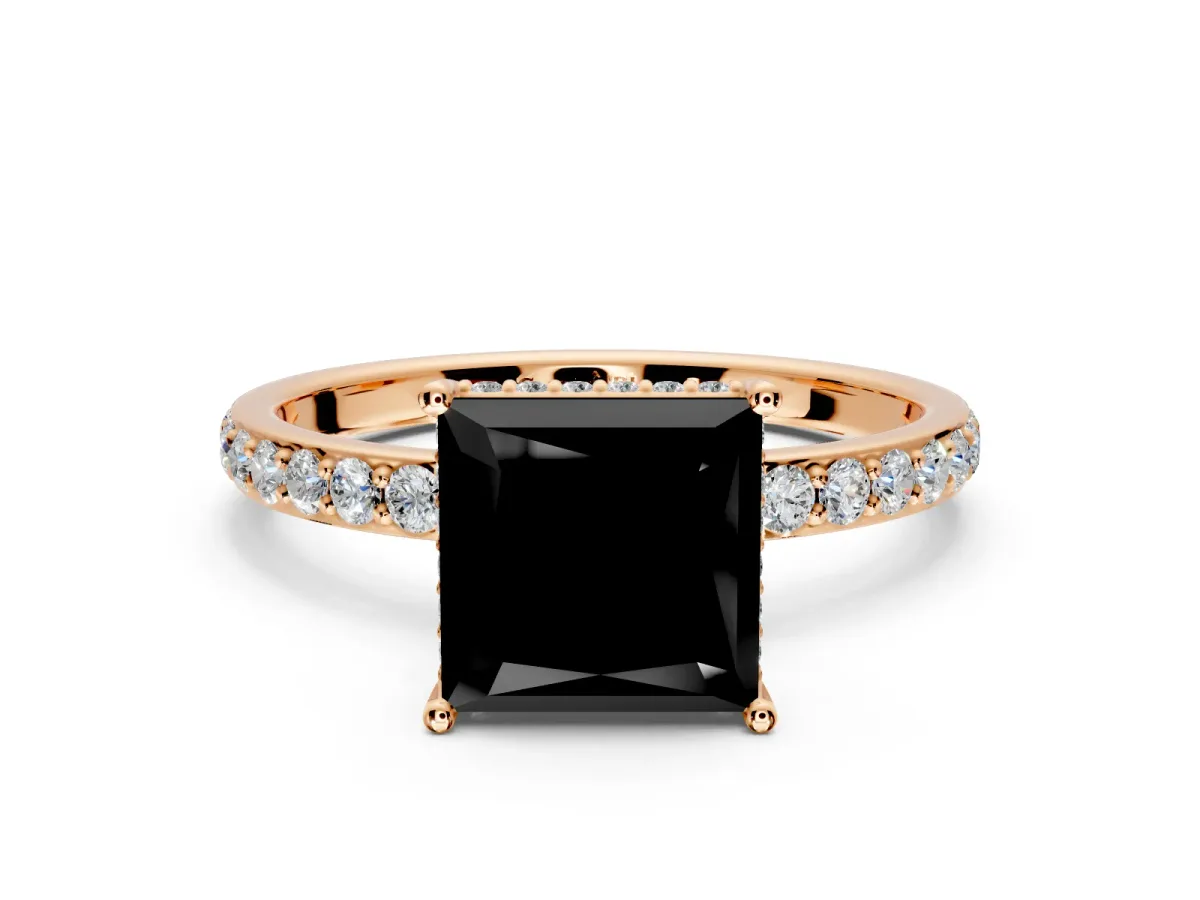 Hidden Halo Engagement Ring Setting for Fancy Black Princess Cut Center with Pave Band and Prong Head in Rose Gold