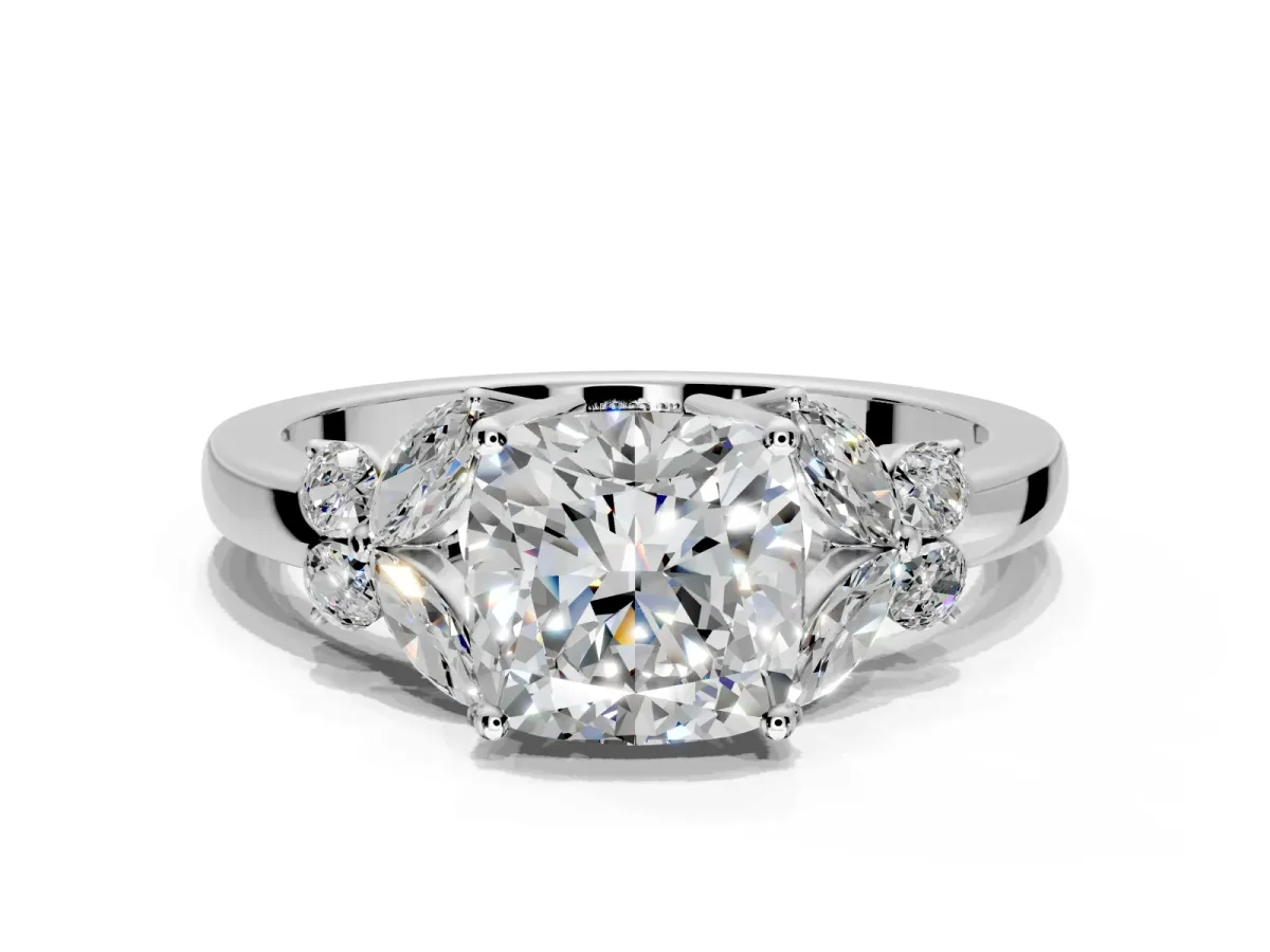 Solitaire Engagement Ring Setting for Cushion Cut Center with Marquise Flower Shoulders and Prong Head in Platinum