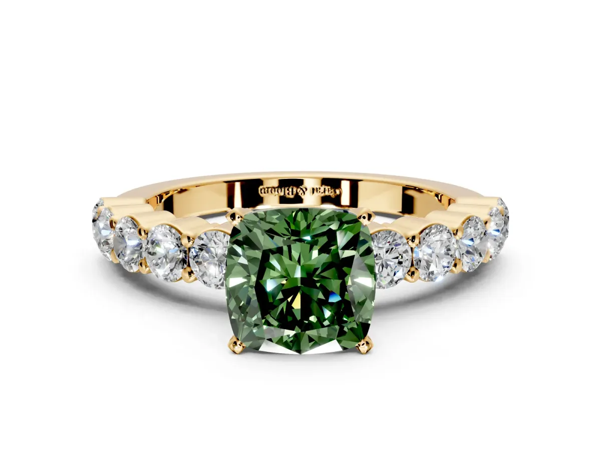 Shared-Prong Engagement Ring Setting for Fancy Green Cushion Cut Center with Graduated Accents and Prong Head in Yellow Gold