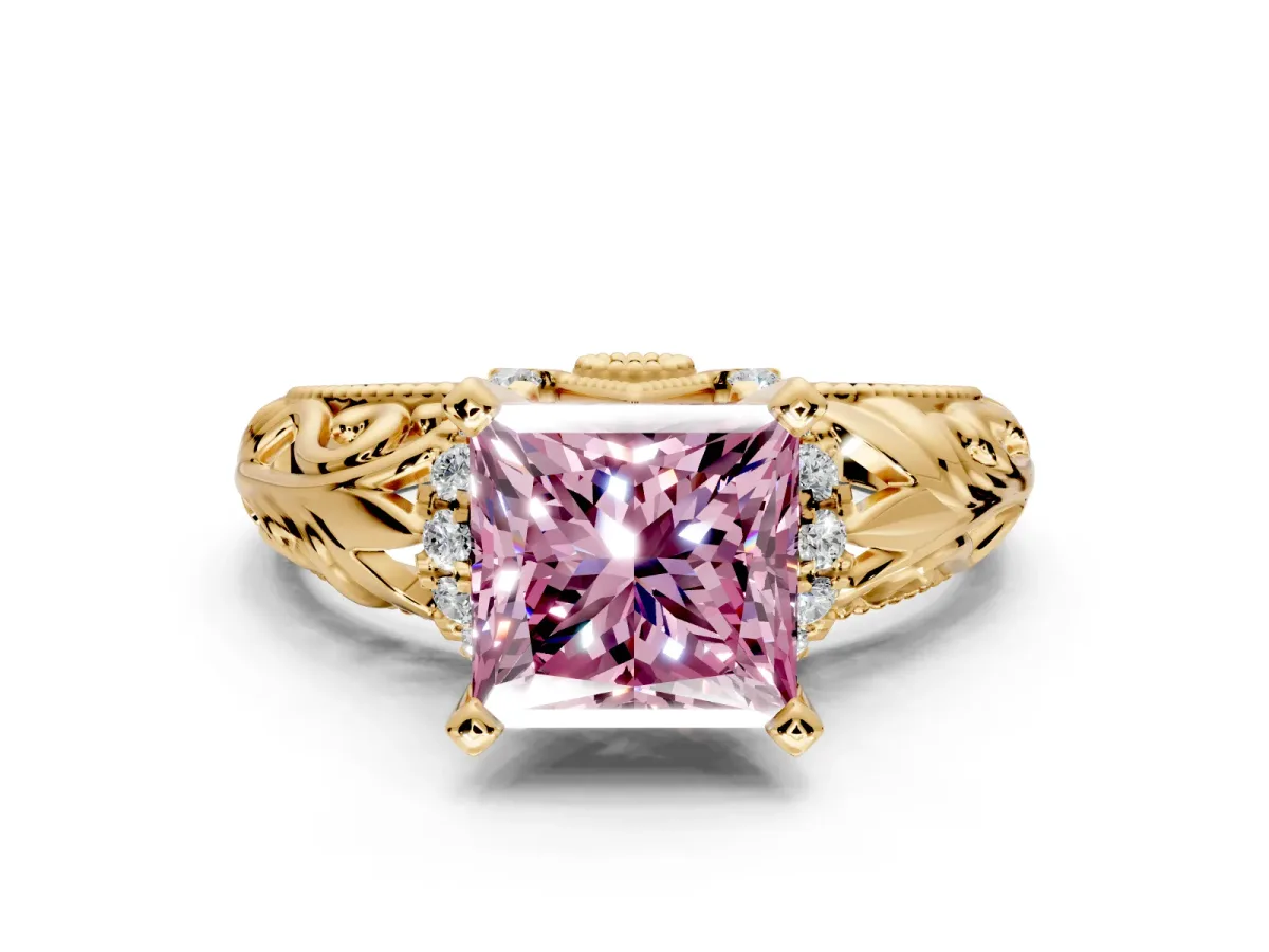 Solitaire Engagement Ring Setting for Fancy Pink Princess Cut Center with Filigree Accent Basket and Prong Head in Yellow Gold