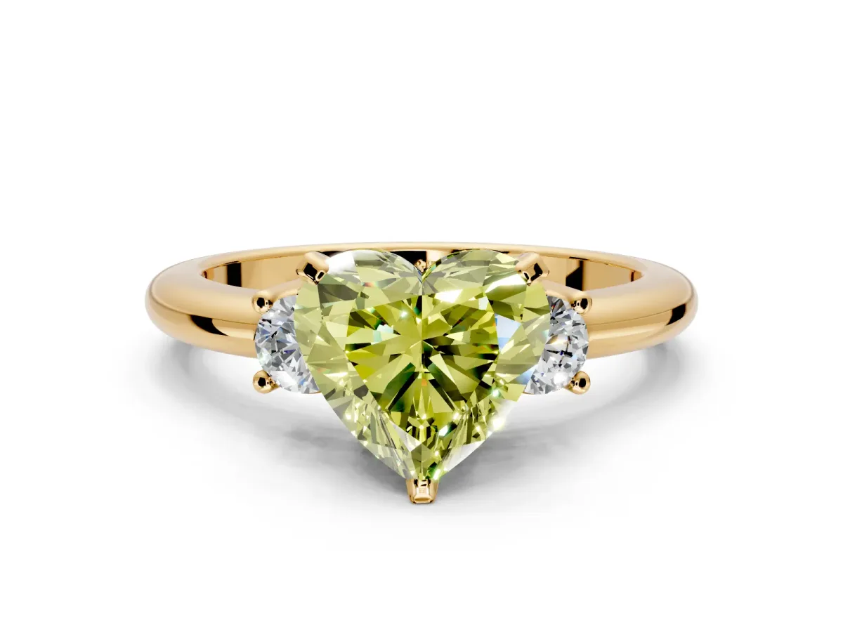 3 Stone Engagement Ring Setting for Fancy Yellow Heart-Shaped Center with Wide Plain Band and Prong Head in Yellow Gold