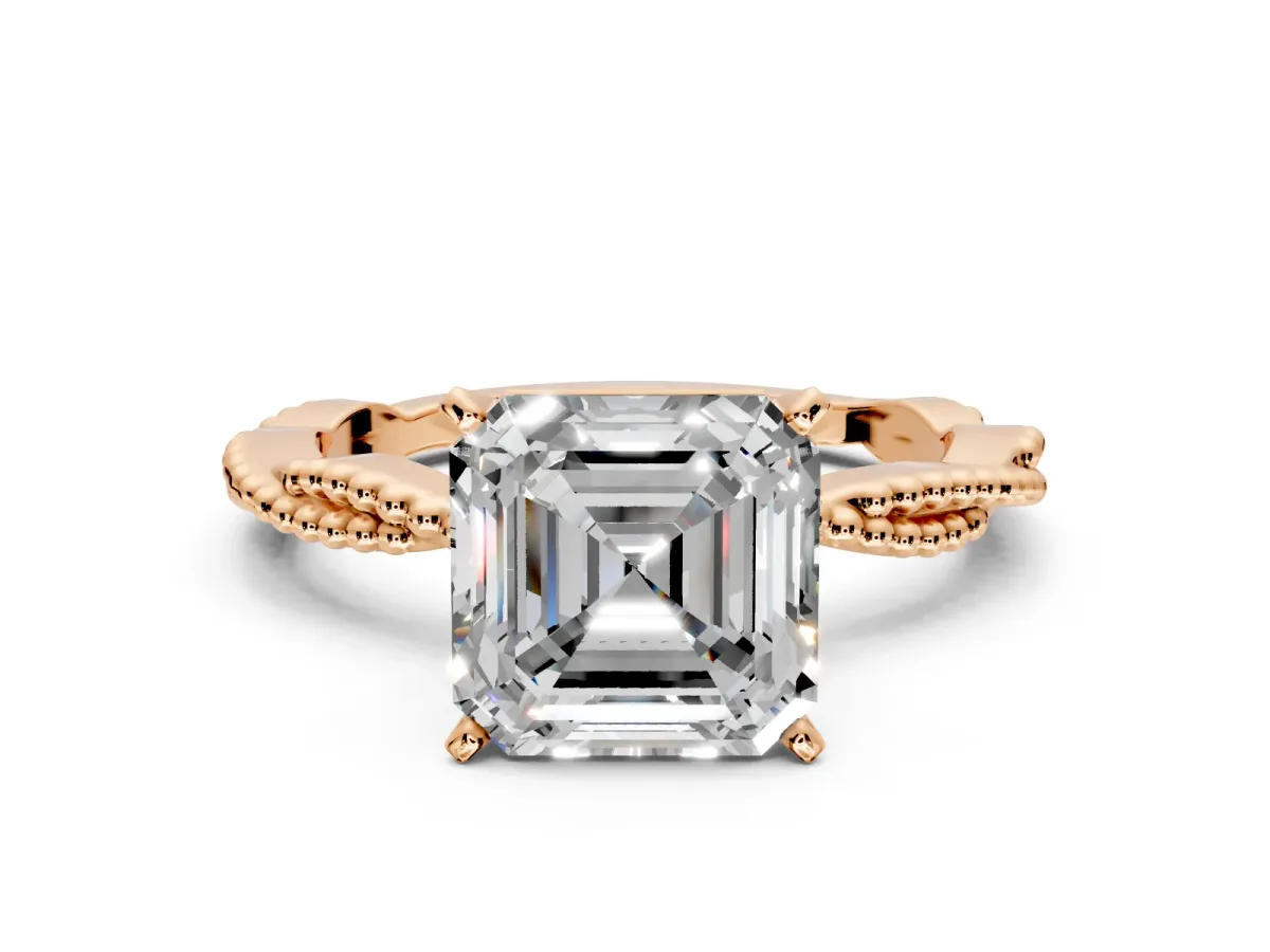 Solitaire Engagement Ring Setting for Asscher Cut Center with Twist Band and Bead Prong Head in Rose Gold