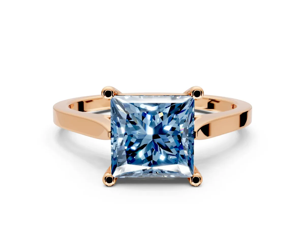 Solitaire Engagement Ring Setting for Fancy Blue Princess Cut Center with Tapered Shoulders and Prong Head in Rose Gold
