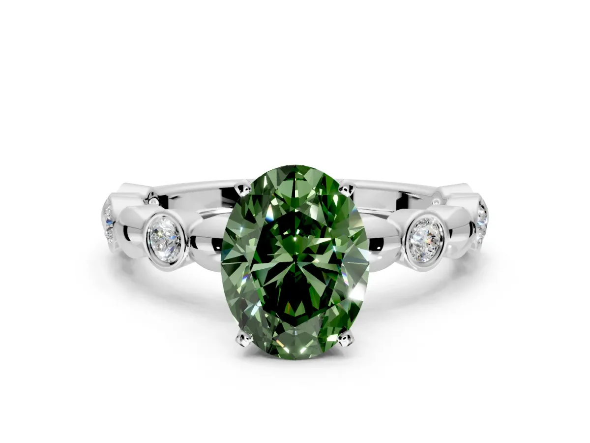 Solitaire Engagement Ring Setting for Fancy Green Oval Center with Beaded Bezel Station Band and Prong Head in Sterling Silver