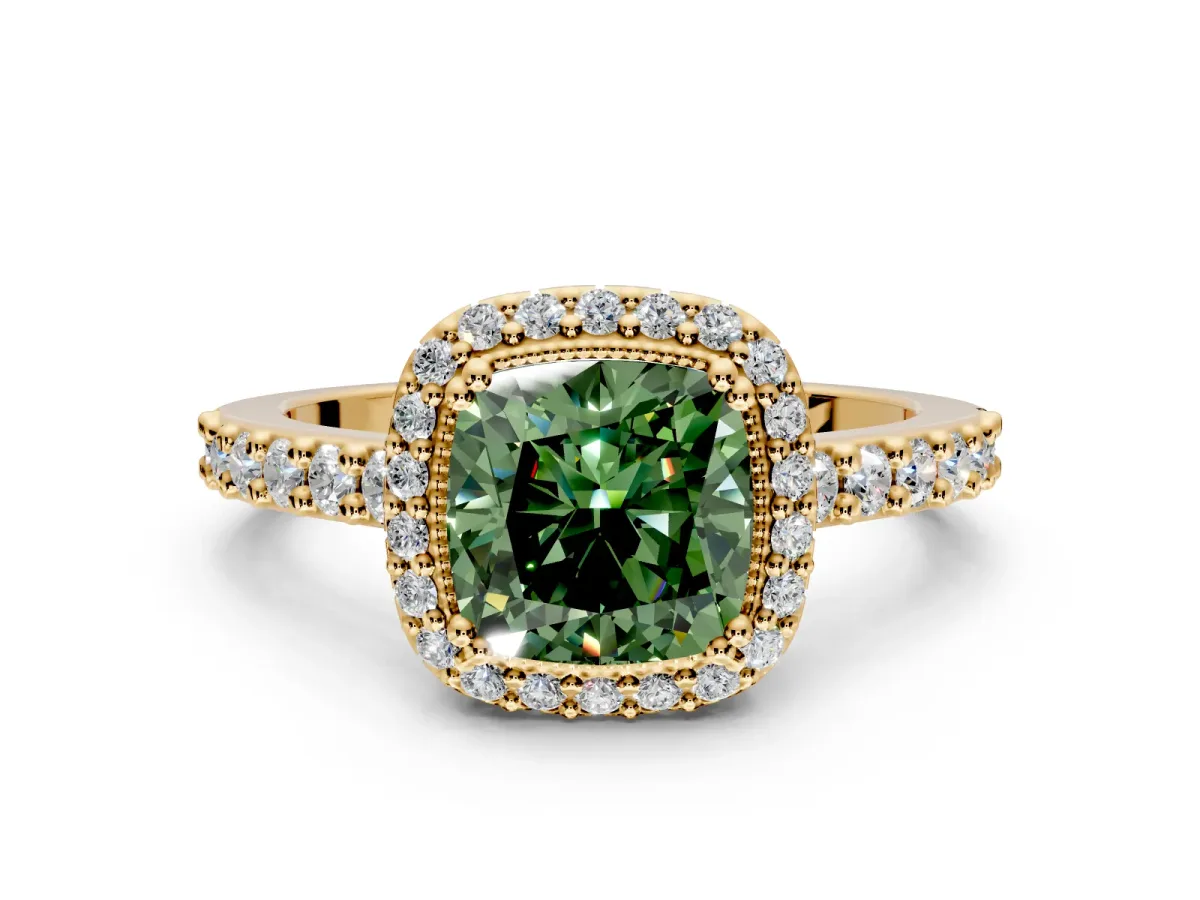 Halo Engagement Ring Setting for Fancy Green Cushion Cut Center with Inner Milgrain Border and Prong Head in Yellow Gold