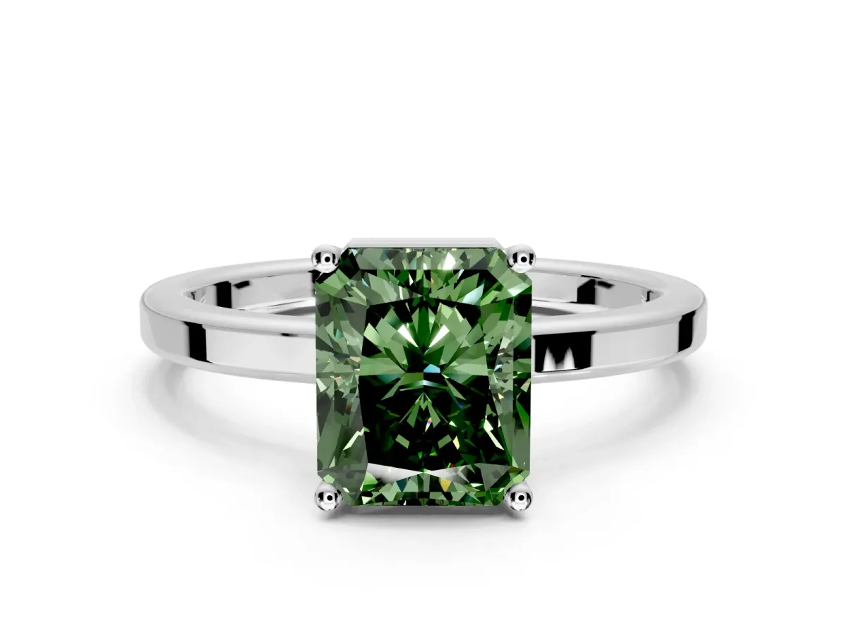 Hidden Halo Engagement Ring Setting for Fancy Green Radiant Cut Center with Wide Flat Plain Band and Prong Head in White Gold