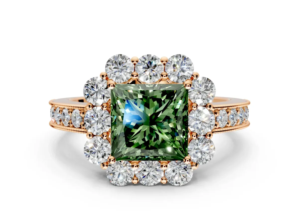 Halo Engagement Ring Setting for Fancy Green Princess Cut Center with Milgrain Channel Band and Prong Head in Rose Gold