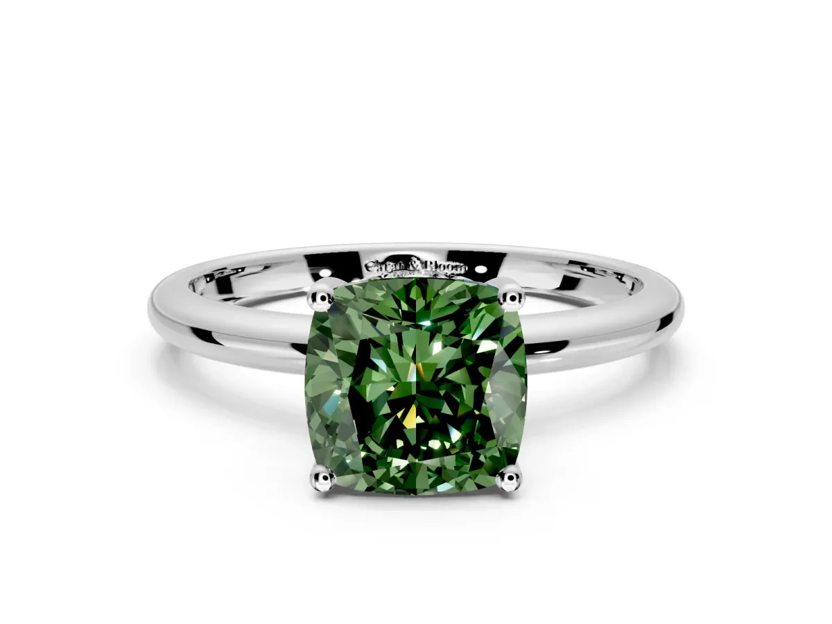 Hidden Halo Engagement Ring Setting for Fancy Green Cushion Cut Center with Thin Round-Wire Band and Prong Head in White Gold