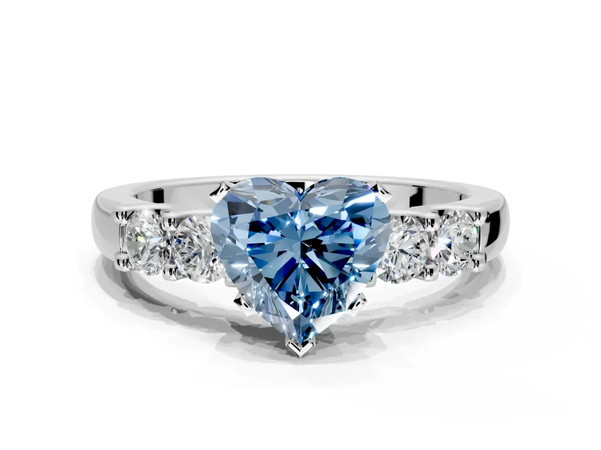 5 Stone Engagement Ring Setting for Fancy Blue Heart-Shaped Center with Plain Band and Prong Head in Platinum