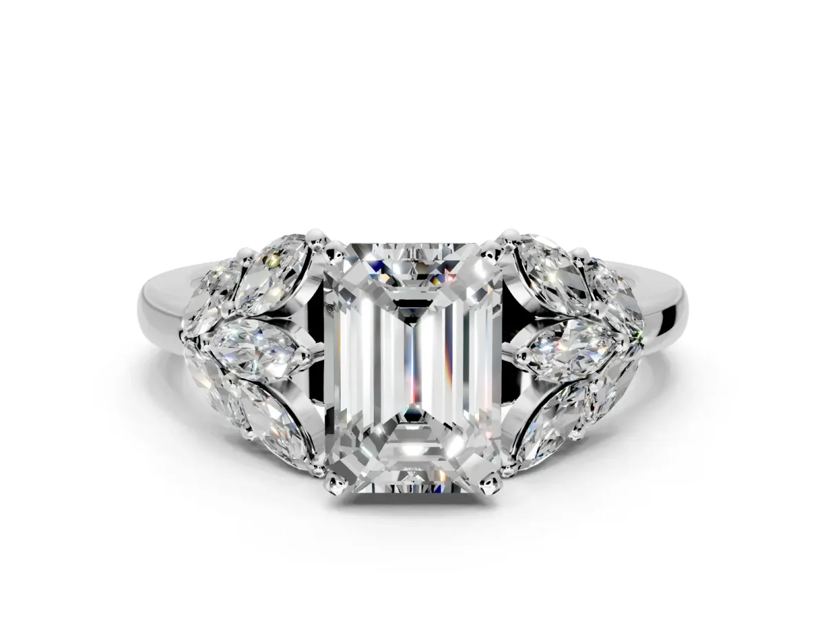 Leaf Cluster Engagement Ring Setting for Emerald Cut Center with Marquise Accents and Prong Head in White Gold