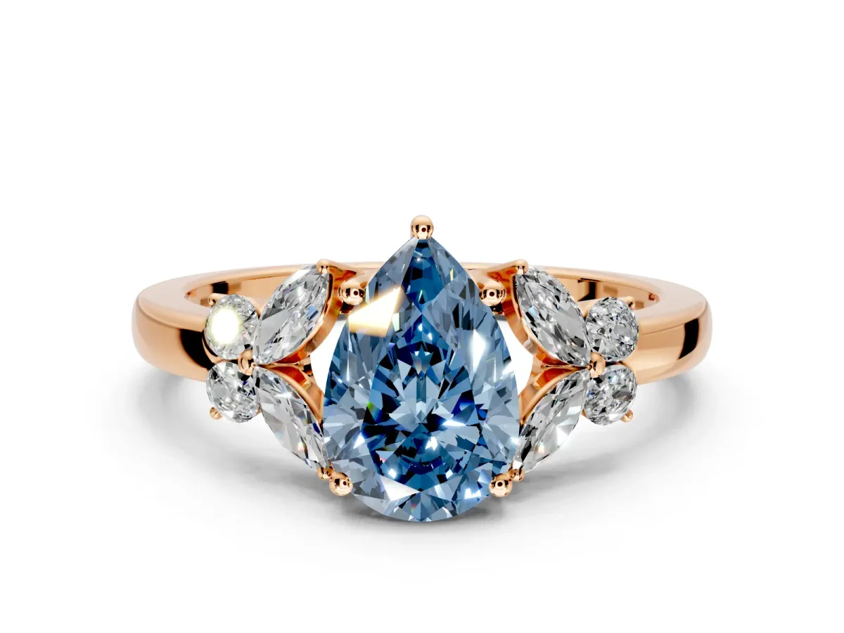 Solitaire Engagement Ring Setting for Fancy Blue Pear-Shaped Center with Marquise Flower Shoulders and Prong Head in Rose Gold
