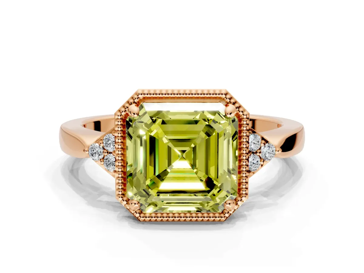 Cluster Engagement Ring Setting for Fancy Yellow Asscher Cut Center with Milgrain Shoulder Clusters and Prong Head in Rose Gold