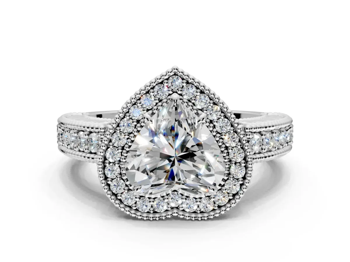 Milgrain Halo Engagement Ring Setting for Heart-Shaped Center with Pave Band and Prong Head in Platinum