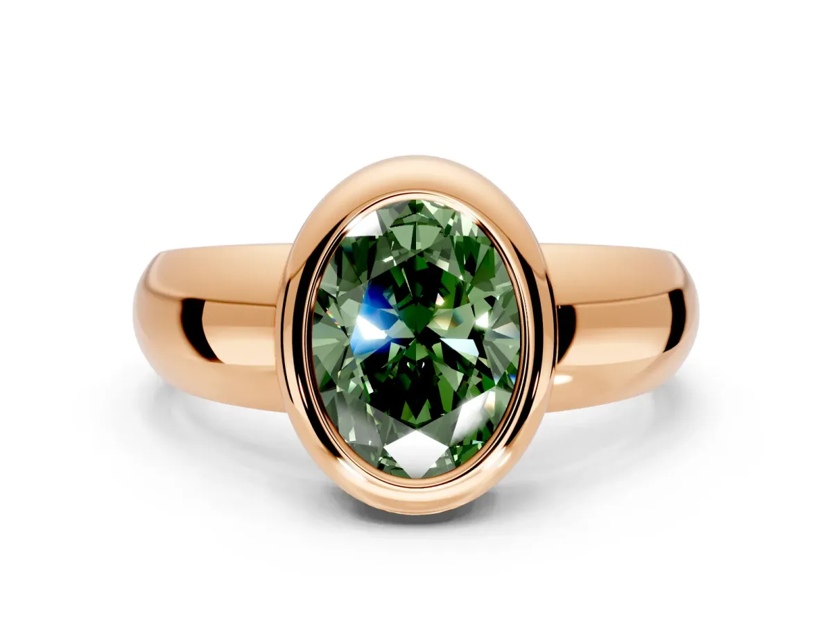 Solitaire Engagement Ring Setting for Fancy Green Oval Center with Wide Band and Bezel Head in Rose Gold
