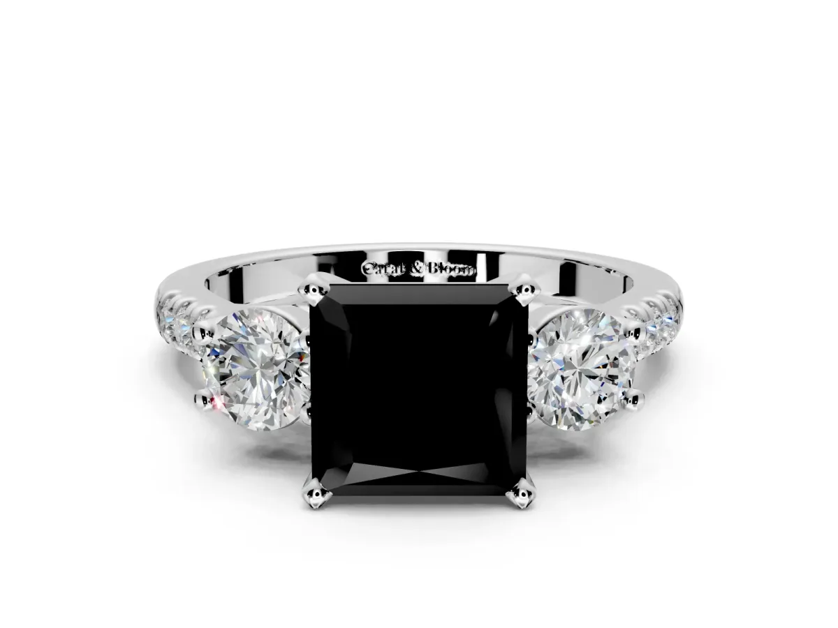 3 Stone Engagement Ring Setting for Fancy Black Princess Cut Center with Crossover Basket, Pave Band and Prong Head in Platinum