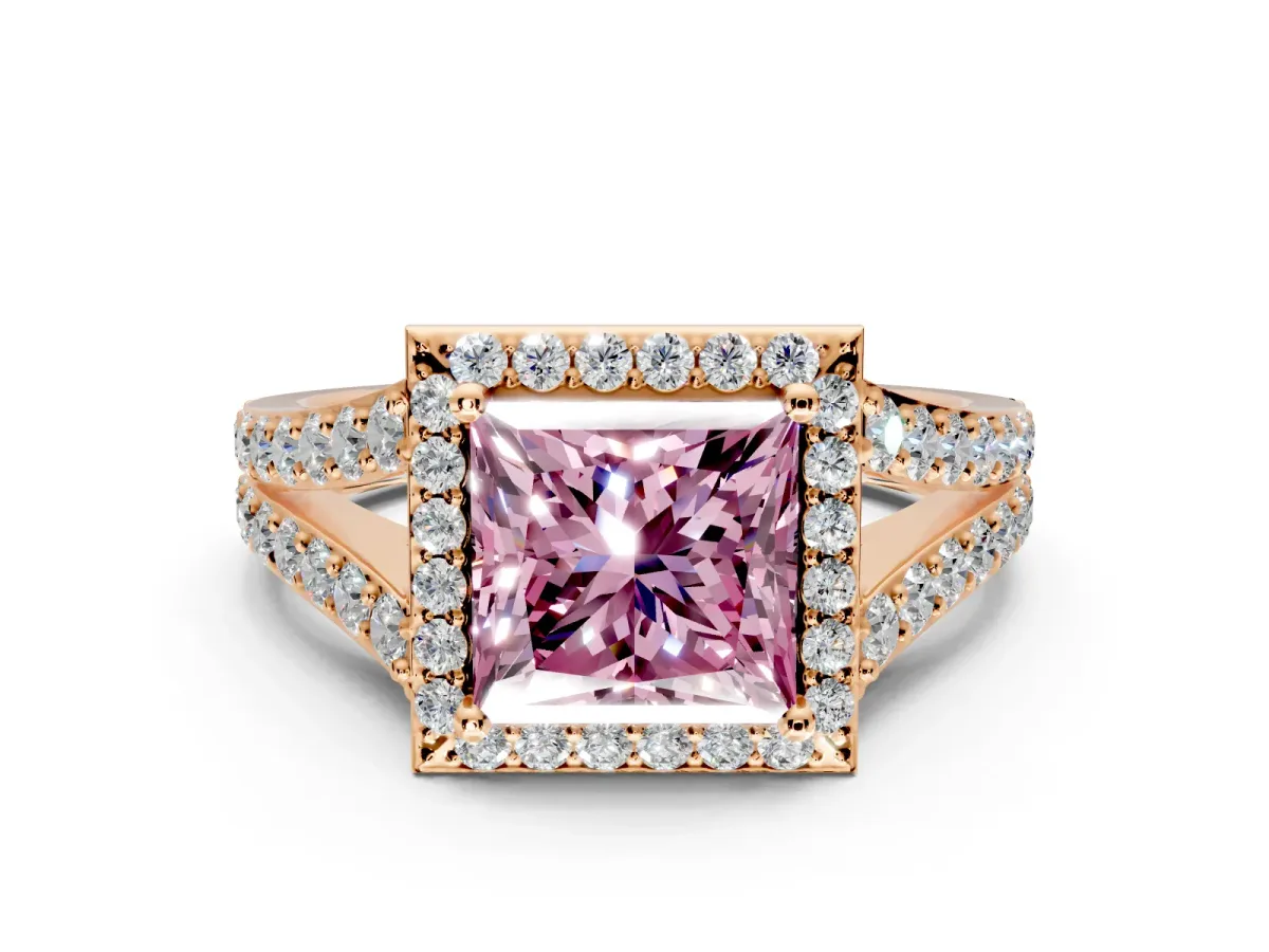 Halo Engagement Ring Setting for Fancy Pink Princess Cut Center with Narrow Pave Split Shank and Prong Head in Rose Gold