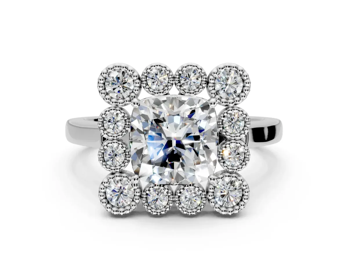 Cluster Halo Engagement Ring Setting for Cushion Cut Center with Milgrain Bezel Accents and Prong Head in Sterling Silver