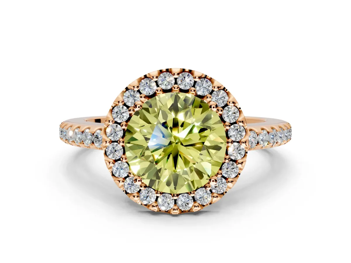 Pave Halo Engagement Ring Setting for Fancy Yellow Round Cut Center with Single Row Pave Band and Prong Head in Rose Gold