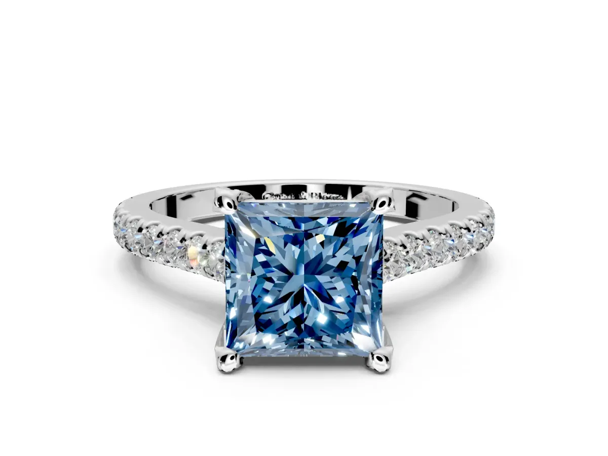 Solitaire Engagement Ring Setting for Fancy Blue Princess Cut Center with Widening Pave Band and Claw Prong Head in Platinum