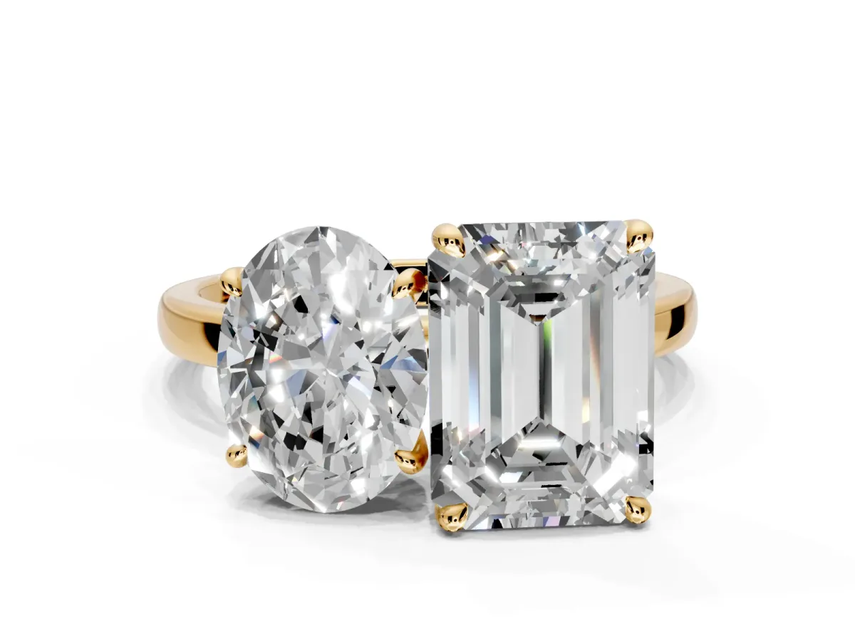 Oval and Emerald Cut Lab-Grown Diamond Toi et Moi Engagement Ring with Prong-Set Stones in Yellow Gold