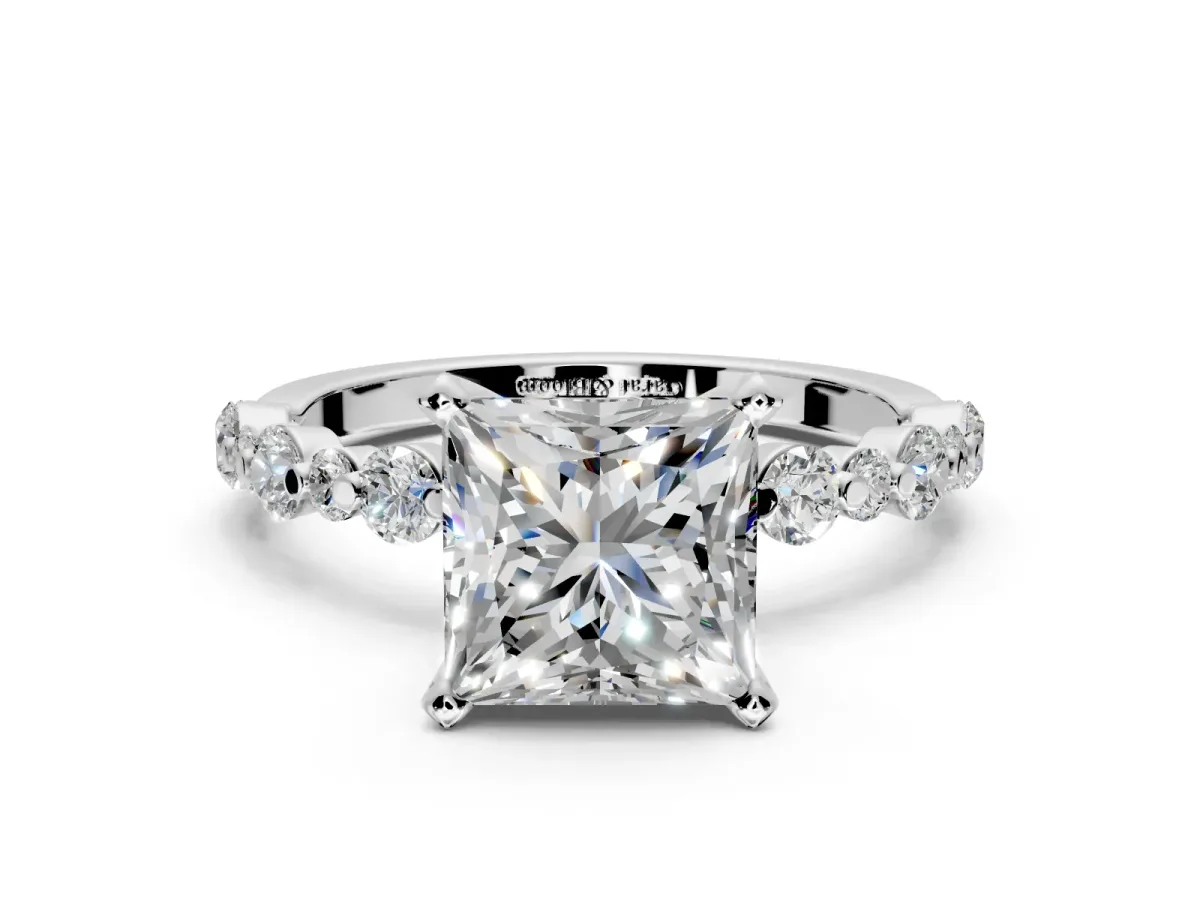Solitaire Engagement Ring Setting for Princess Cut Center with Alternating Size Accents and Prong Head in White Gold