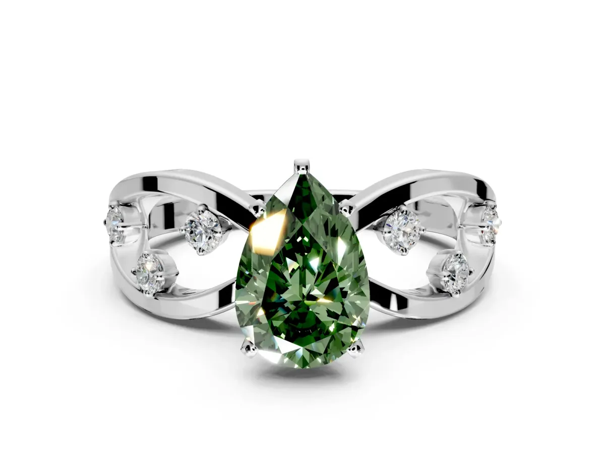 Solitaire Engagement Ring Setting for Fancy Green Pear-Shaped Center with Criss-Cross Accent Band and Prong Head in White Gold