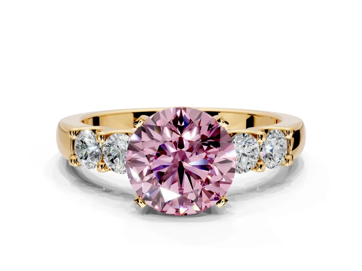 5 Stone Engagement Ring Setting for Fancy Pink Round Cut Center with Plain Band and Prong Head in Yellow Gold